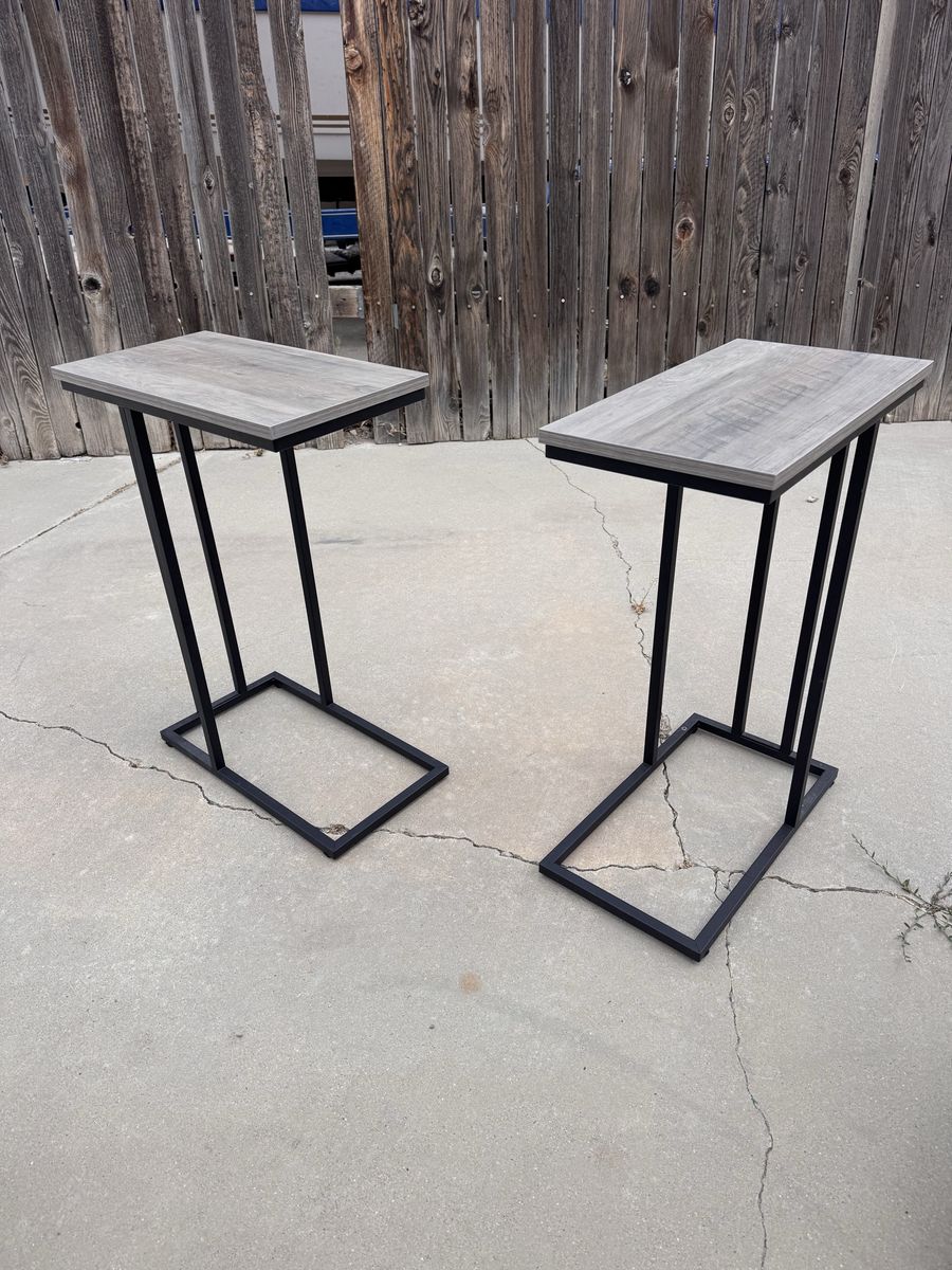 Set of 2 Modern Industrial Side Tables - Gray Wood Grain & Black Metal C-Shape End Tables