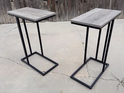 Set of 2 Modern Industrial Side Tables - Gray Wood Grain & Black Metal C-Shape End Tables