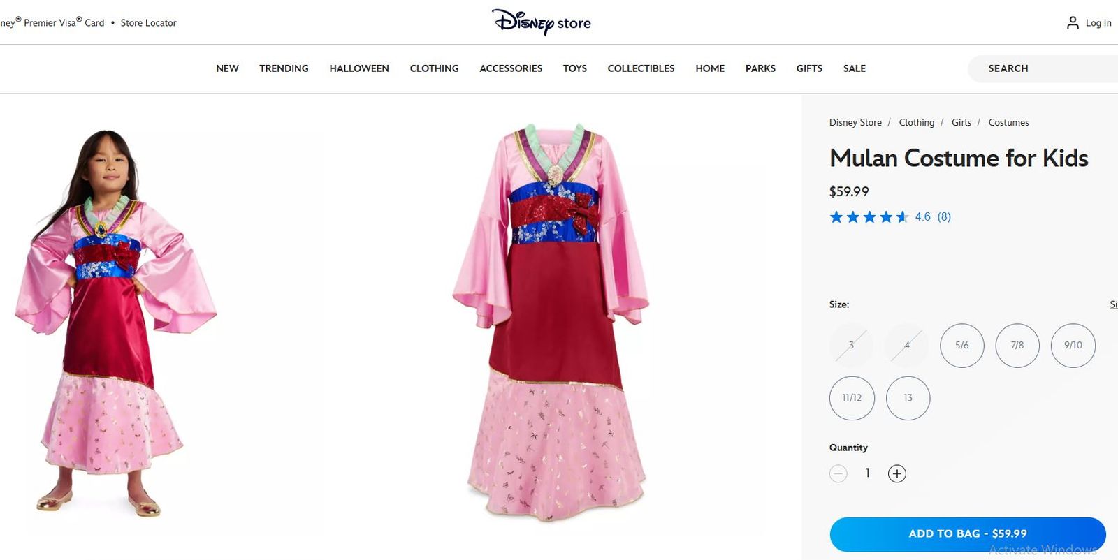 Mulan Costume - kids size 9/10