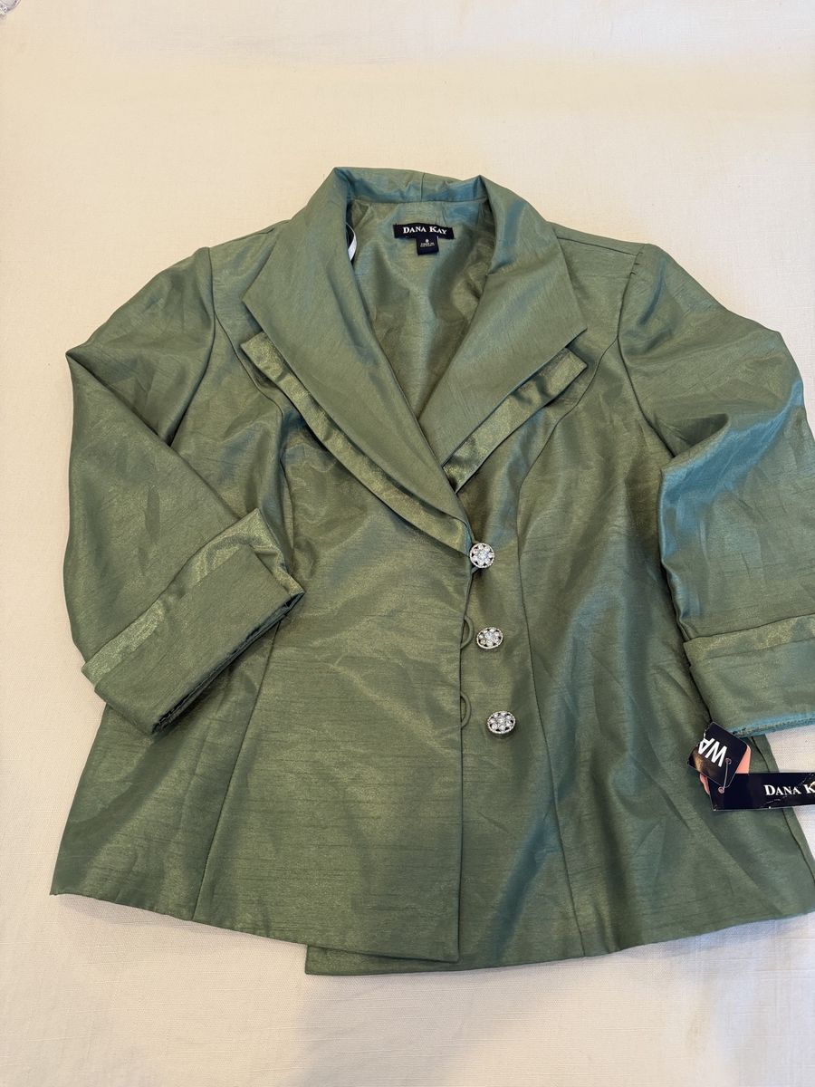 DANA KAY Women's Green Shimmer Ruffle Collar Blazer Jacket with Rhinestone Buttons - Size 8