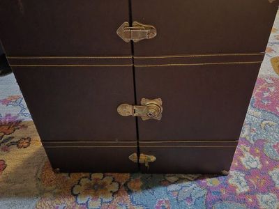 Vintage Wooden Doll Trunk Wardrobe Playset with Dolls, Bed, and Accessories