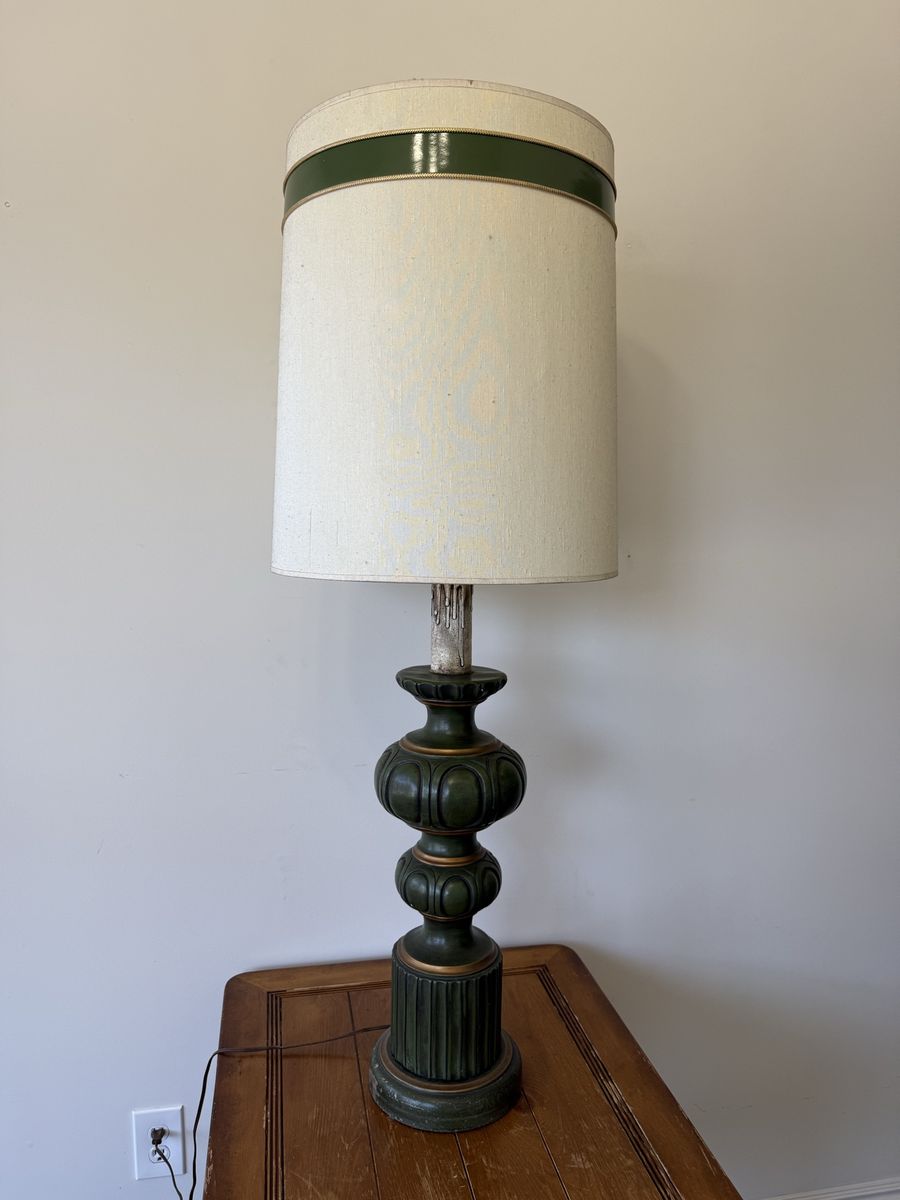 Vintage 1970s 45.5” Oversized Hollywood Regency Green & Gold Table Lamp