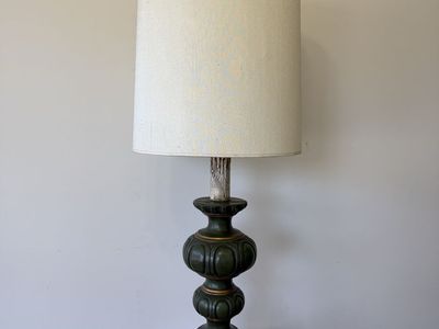 Vintage 1970s 45.5” Oversized Hollywood Regency Green & Gold Table Lamp