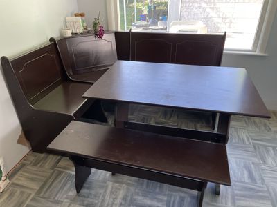 Corner Breakfast Nook Dining Set - Dark Wood Finish - Bench Seating