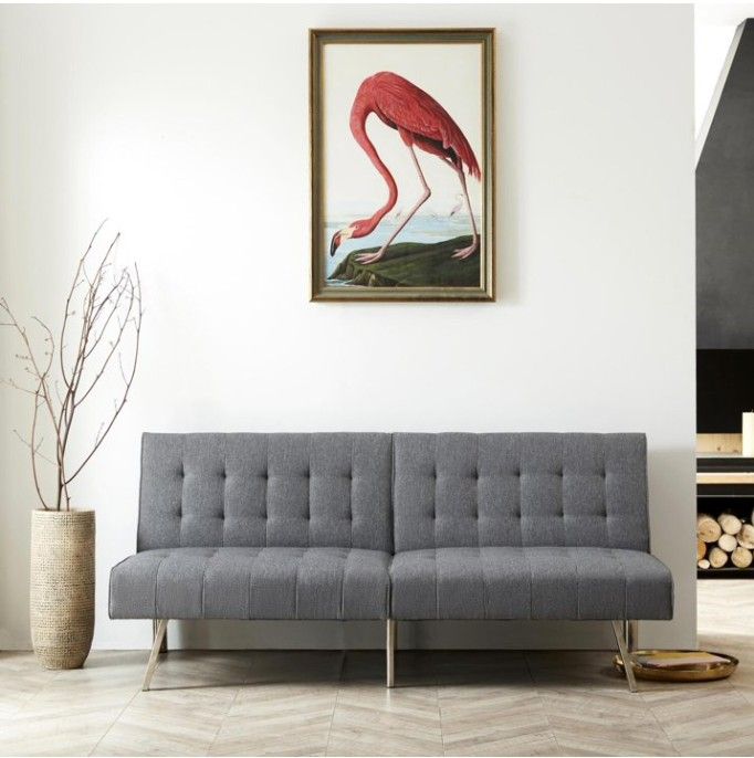 Brand New in Box - Naomi Home Tufted Split Back Mid Century Modern Futon, Linen and Chrome, Gray