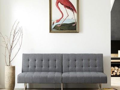 Brand New in Box - Naomi Home Tufted Split Back Mid Century Modern Futon, Linen and Chrome, Gray