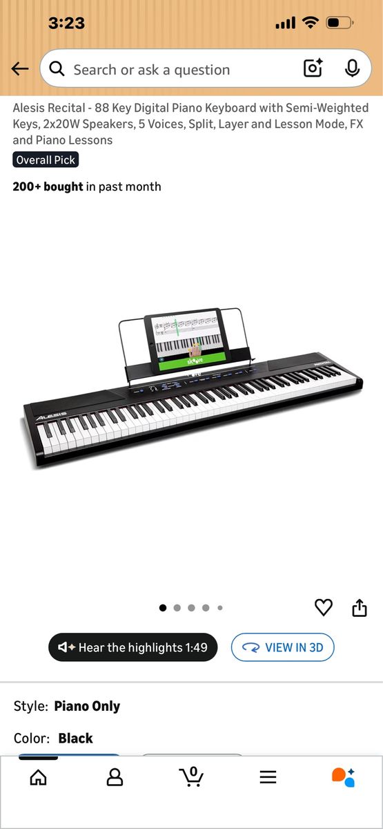 Alesis Recital 88-Key Digital Piano Keyboard Semi-Weighted Keys Black w/ Power Supply