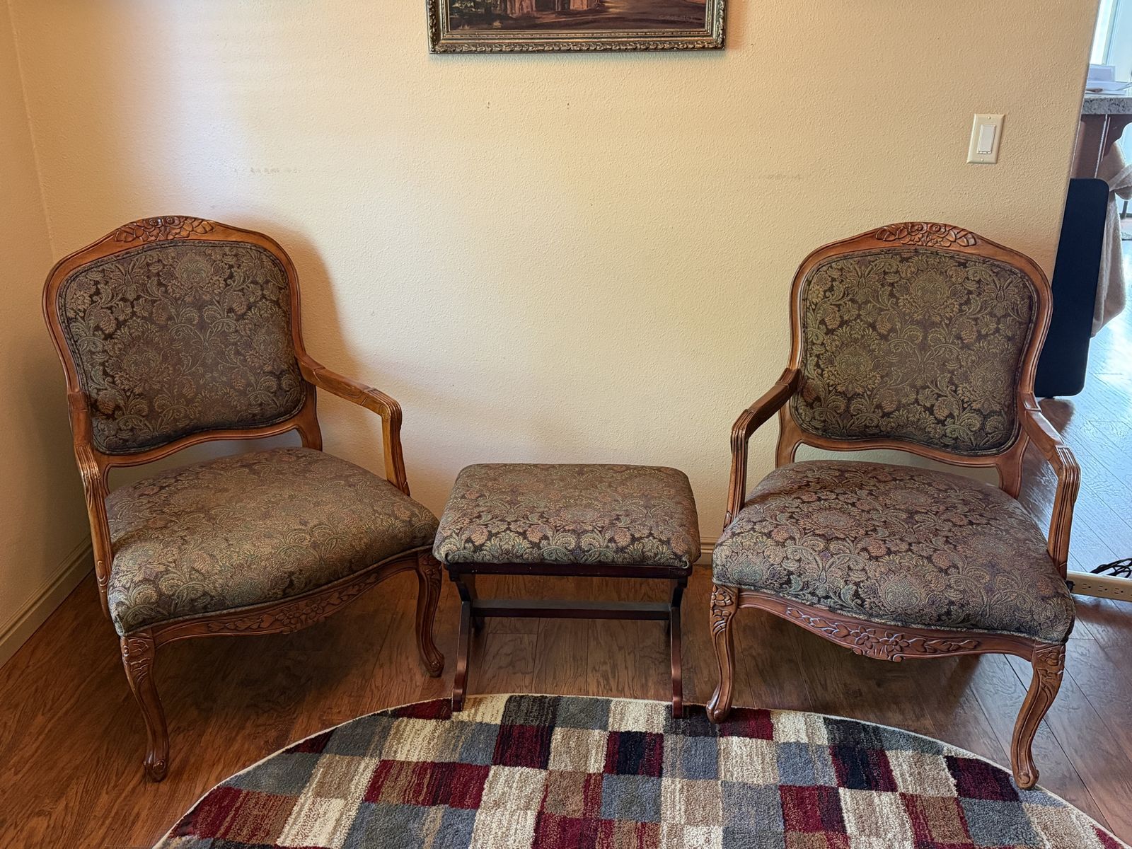 Pair of Sitting Room Wooden Armed Chairs with Matching Footstool