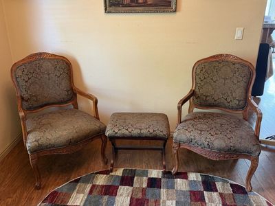 Pair of Sitting Room Wooden Armed Chairs with Matching Footstool