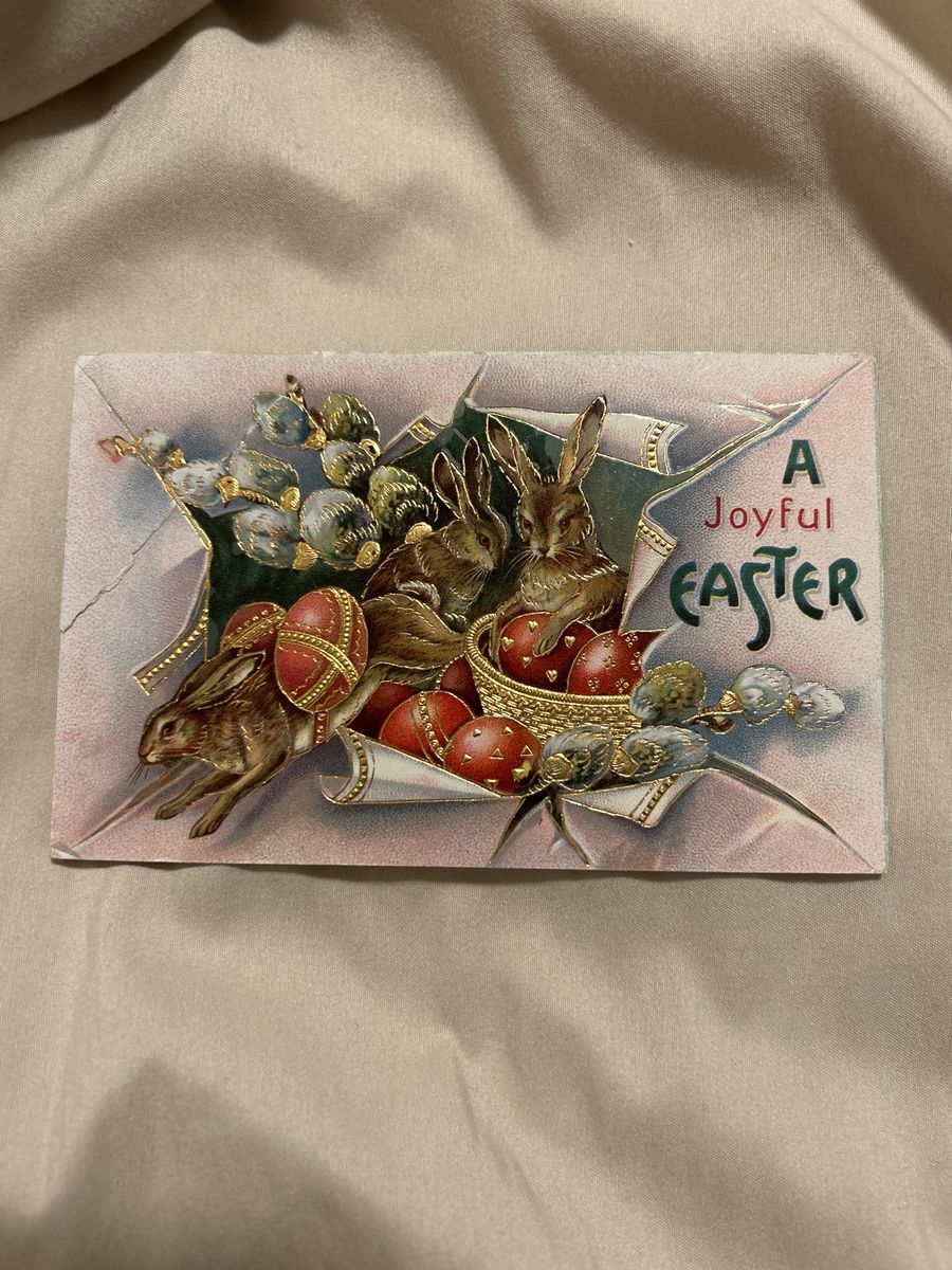 Vintage "A Joyful Easter" Postcard - Embossed Bunnies & Red Eggs, Gold Accents