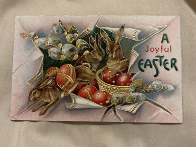 Vintage "A Joyful Easter" Postcard - Embossed Bunnies & Red Eggs, Gold Accents