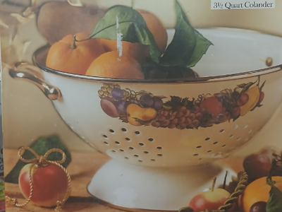 Cornucopia Enamel On Steel 3.5 Quart Colander with Fruit Design - New in Box-Extras