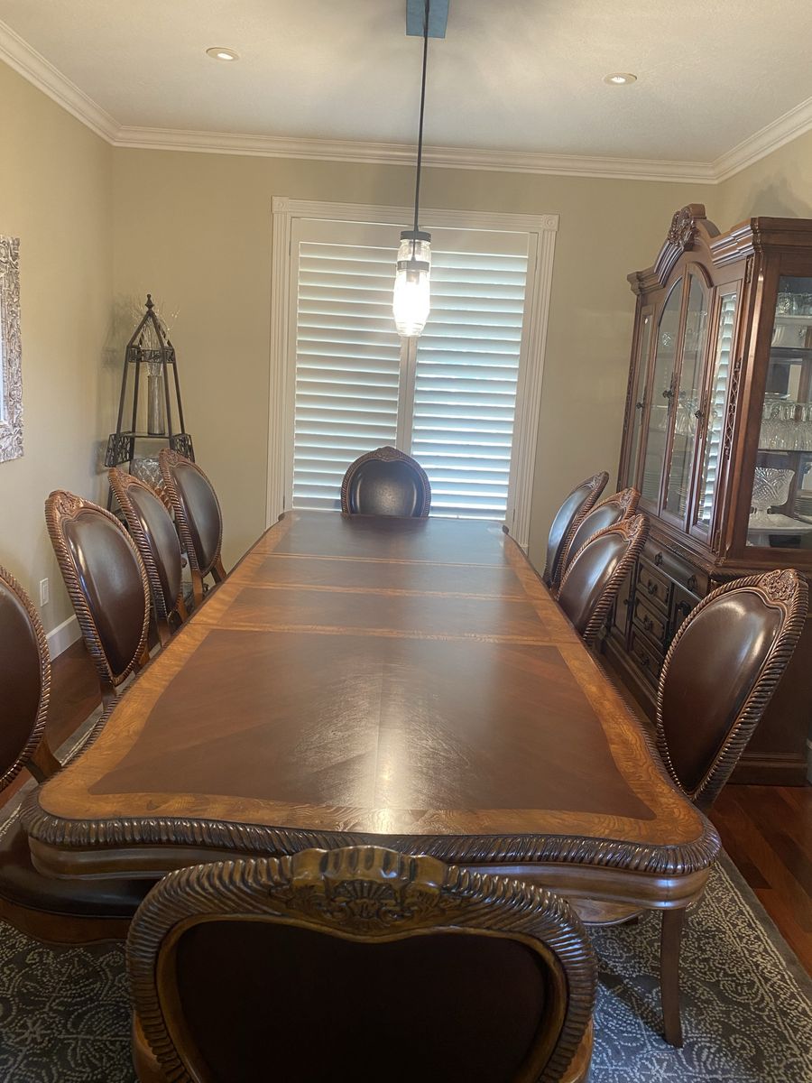 Ornate Wood Dining Table Set with 10 Chairs and Matching China Cabinet
