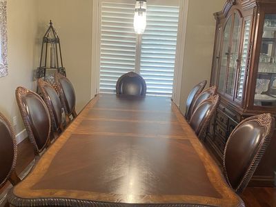 Ornate Wood Dining Table Set with 10 Chairs and Matching China Cabinet