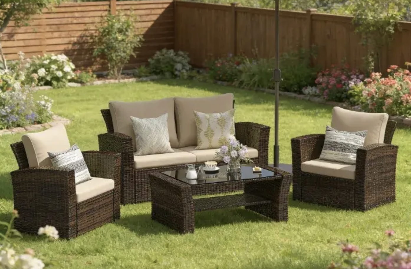 Brand New Patio Set - Love seat, 2 chairs and glass top center table.