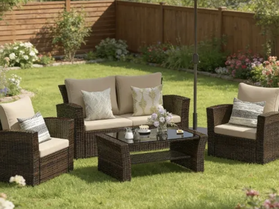 Brand New Patio Set - Love seat, 2 chairs and glass top center table.