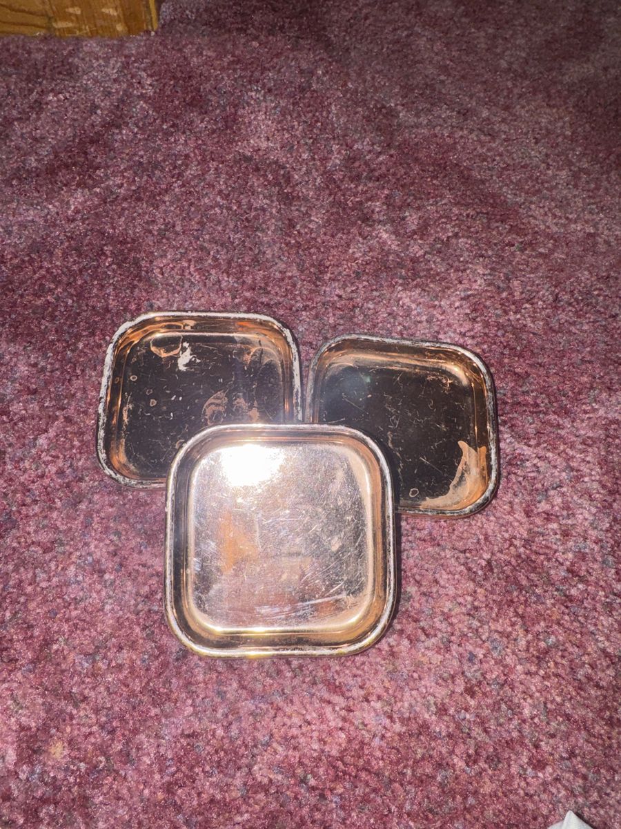 3 Vintage Silver Plated Square Dishes - Small Serving Trays or Coasters