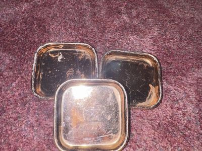 3 Vintage Silver Plated Square Dishes - Small Serving Trays or Coasters