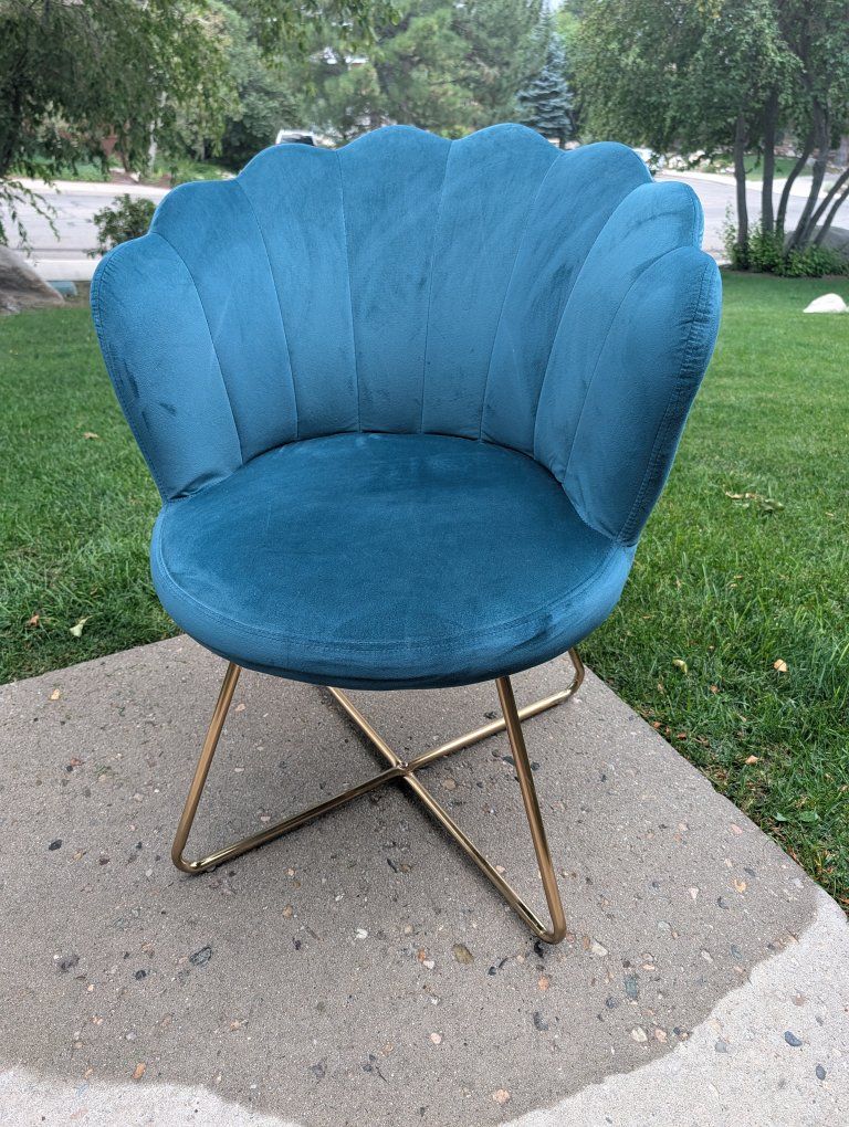 Teal Scalloped Accent Chair with Brass Legs