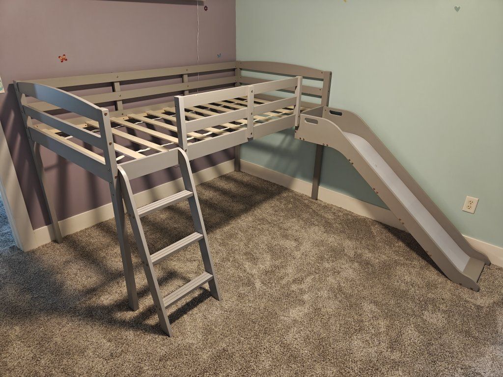 Grey Wooden Kids Loft Bed with Slide and Ladder Used Good