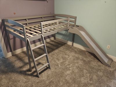 Grey Wooden Kids Loft Bed with Slide and Ladder Used Good