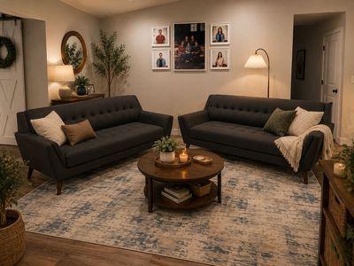 Mid-Century Modern Charcoal Gray Fabric Sofa & Loveseat Set with Tapered Wood Legs