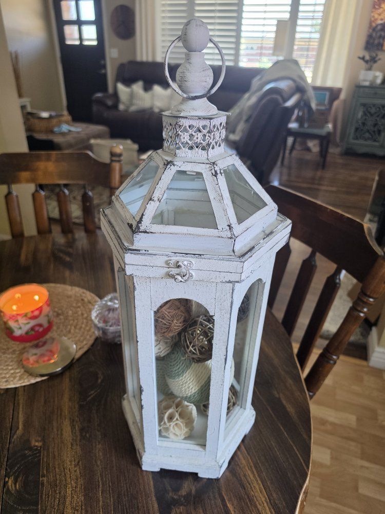 Distressed White Wooden Lantern with Decorative Orbs - Farmhouse Style Centerpiece