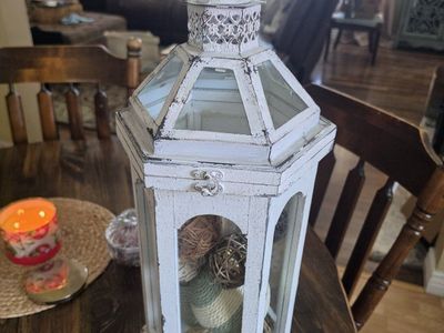 Distressed White Wooden Lantern with Decorative Orbs - Farmhouse Style Centerpiece