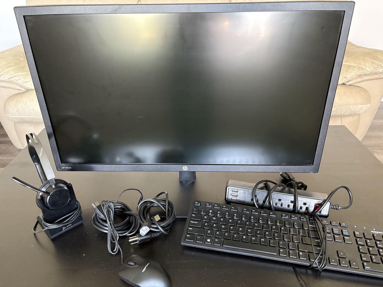 HP V28 4K Monitor, 28-inch, Poly Headset, AmazonBasics Keyboard & Mouse, Power Strip