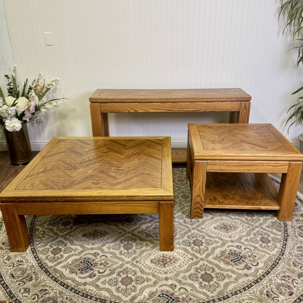 Oak 3-Piece Living Room Herringbone Table Set