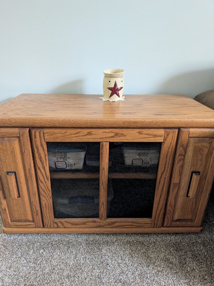 Solid Oak Wood TV Stand Media Console with Glass Doors and Side Cabinets