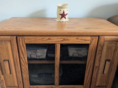 Solid Oak Wood TV Stand Media Console with Glass Doors and Side Cabinets