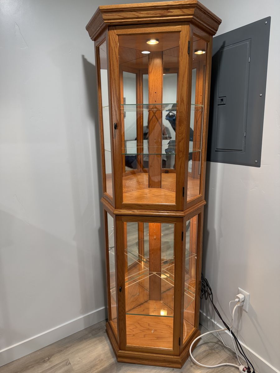 Oak curio corner cabinet