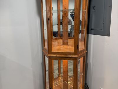 Oak curio corner cabinet