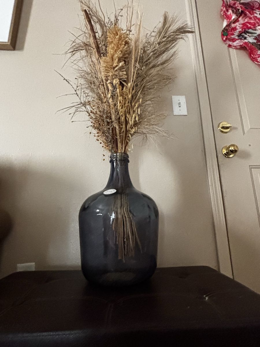 Large Blue Glass Bottle Vase with Dried Floral Arrangement - Home Decor