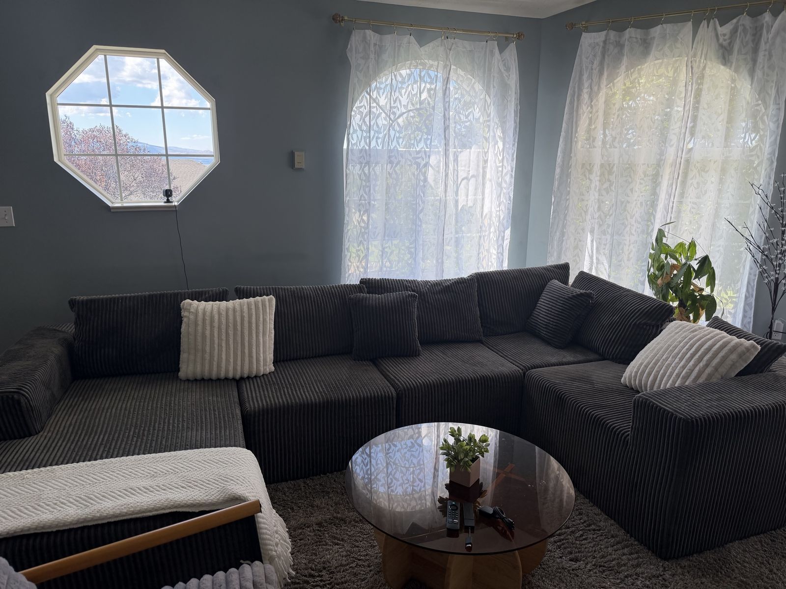 Large Dark Grey Corduroy Sectional Sofa with Cushions
