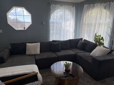 Large Dark Grey Corduroy Sectional Sofa with Cushions