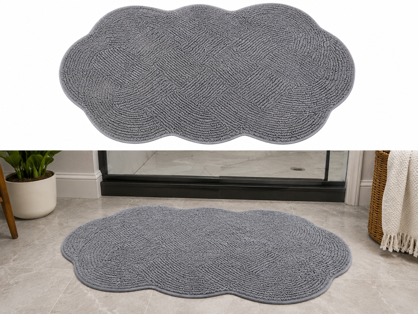 Gray Chenille Scalloped Edges Bath Rug Mat 36x24 – Soft Plush Bathroom Rug