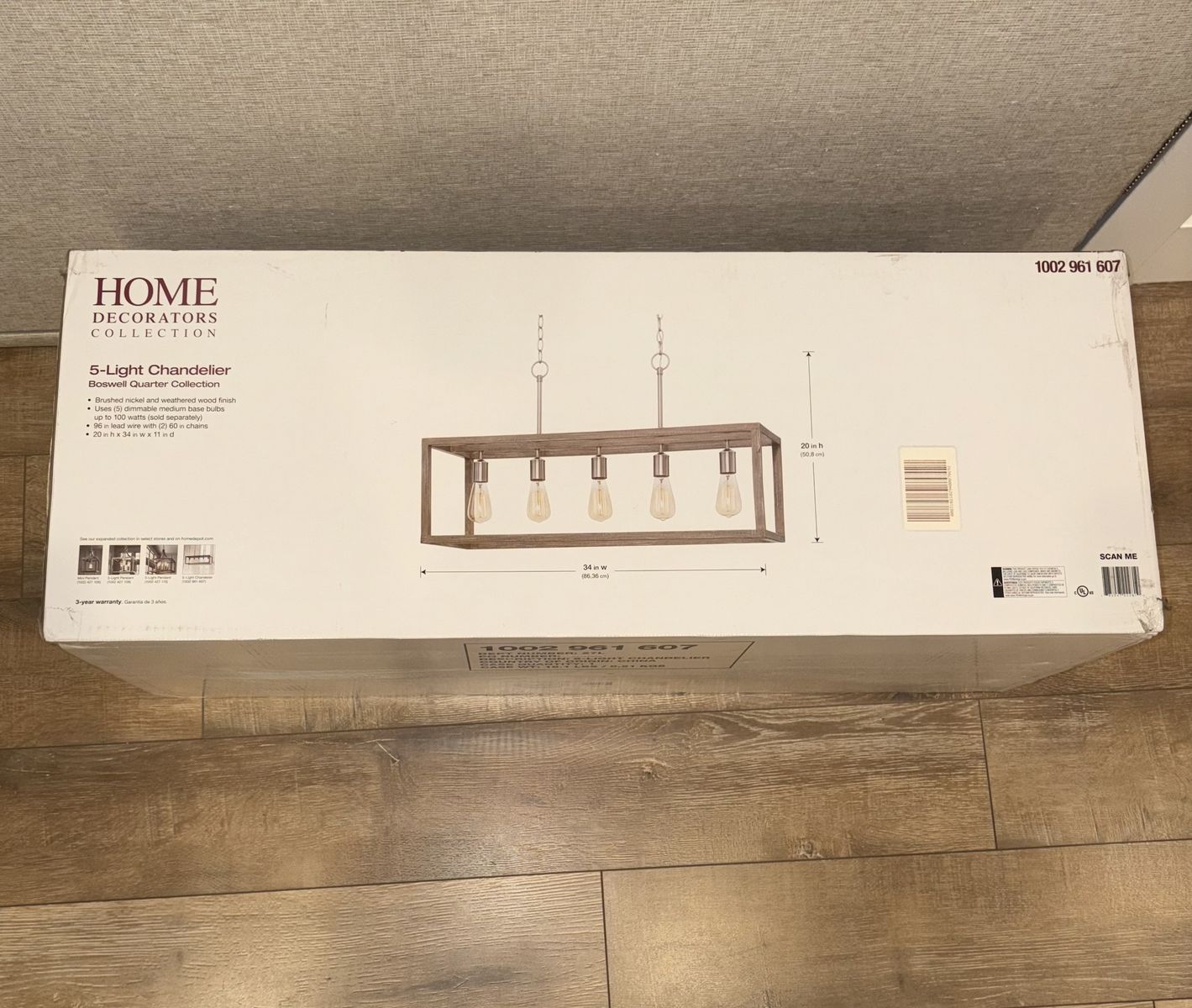 NEW Boswell Quarter 34 in. 5-Light Brushed Nickel Farmhouse Linear Chandelier