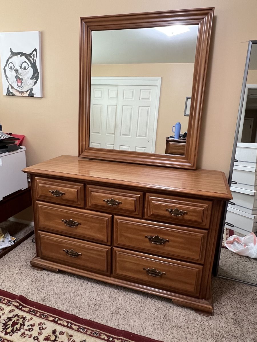 Vintage Wood 7-Drawer Dresser with Mirror & Tallboy Chest - Honey Finish