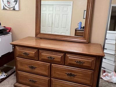 Vintage Wood 7-Drawer Dresser with Mirror & Tallboy Chest - Honey Finish