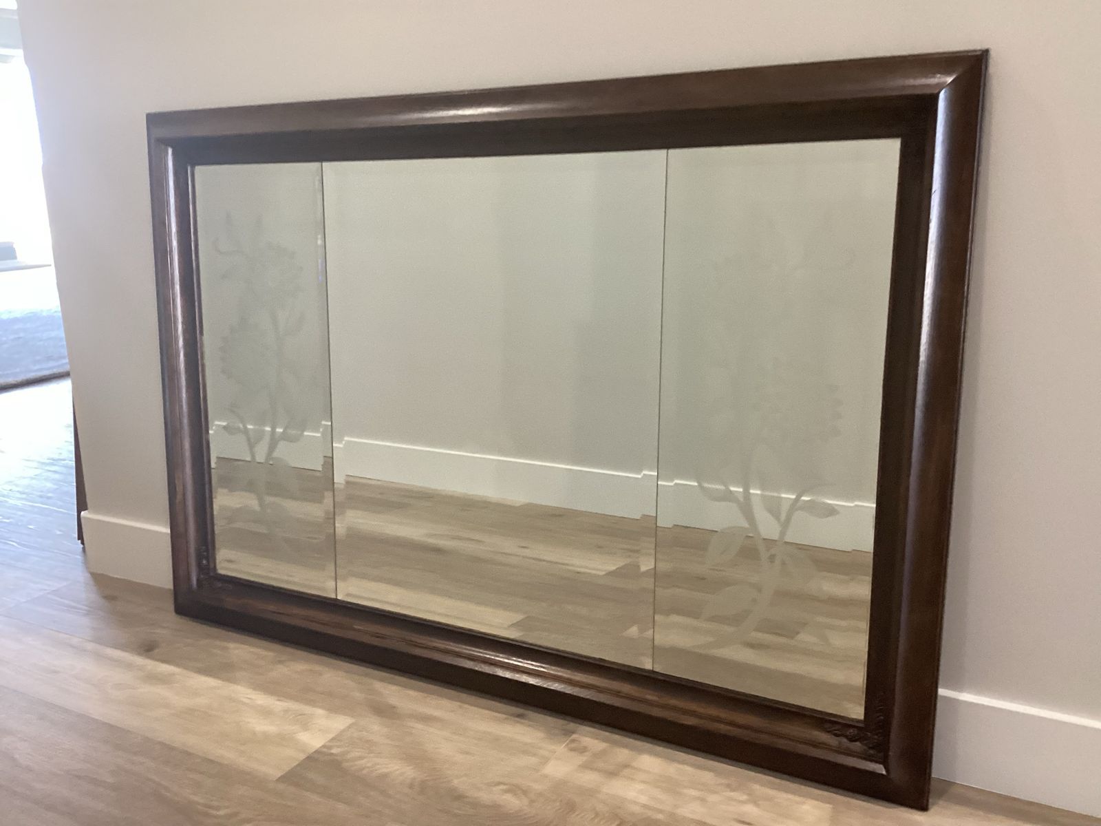 Large Decorative Wood Framed Mirror - 37" x 55" with Etched Floral Design