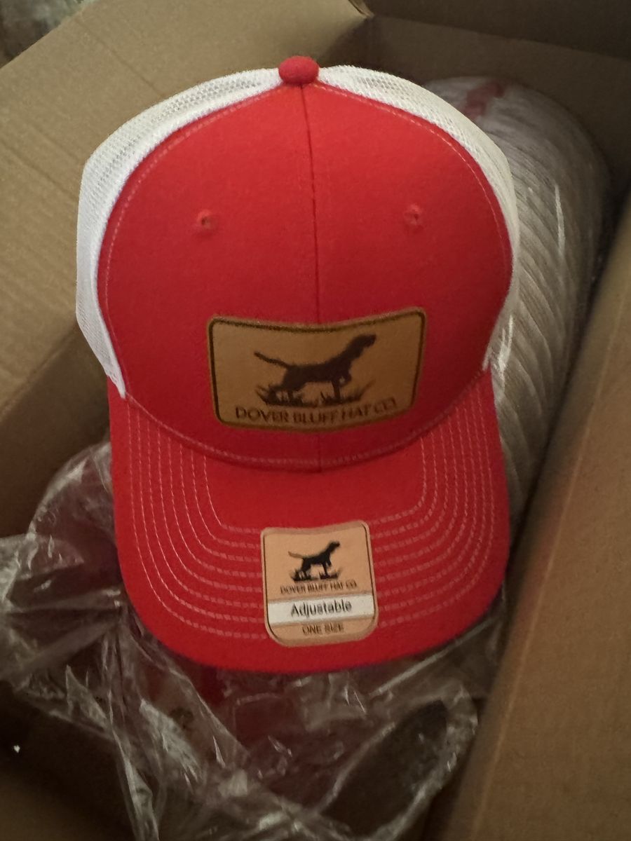 Dover Bluff Hat Co. Red/White Trucker Hat - Adjustable, One Size, Dog Logo Patch