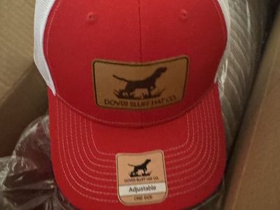 Dover Bluff Hat Co. Red/White Trucker Hat - Adjustable, One Size, Dog Logo Patch