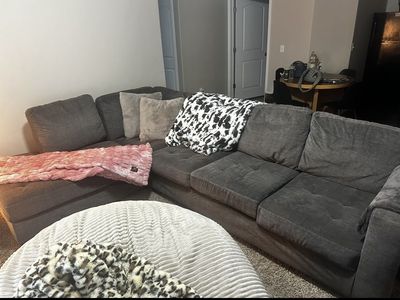 Sectional Couch - Dark Grey Fabric, Tufted Cushions, L-Shape Design