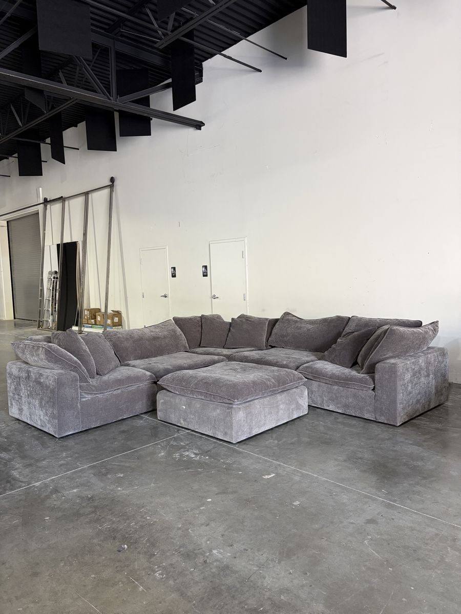 Large Dark Gray Plush Modular Sectional Sofa with Ottoman