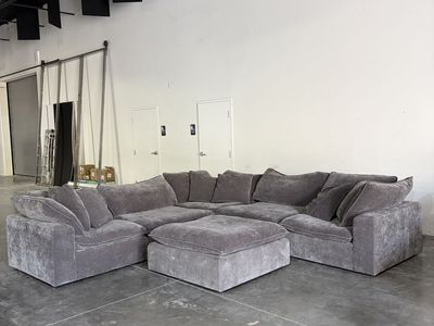 Large Dark Gray Plush Modular Sectional Sofa with Ottoman