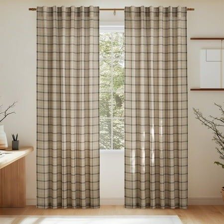 New! NICETOWN Linen Plaid Curtains for Living Room Check Light Filtering Privacy Semi Sheer Linen Curtains Rod Pocket Back Tab 