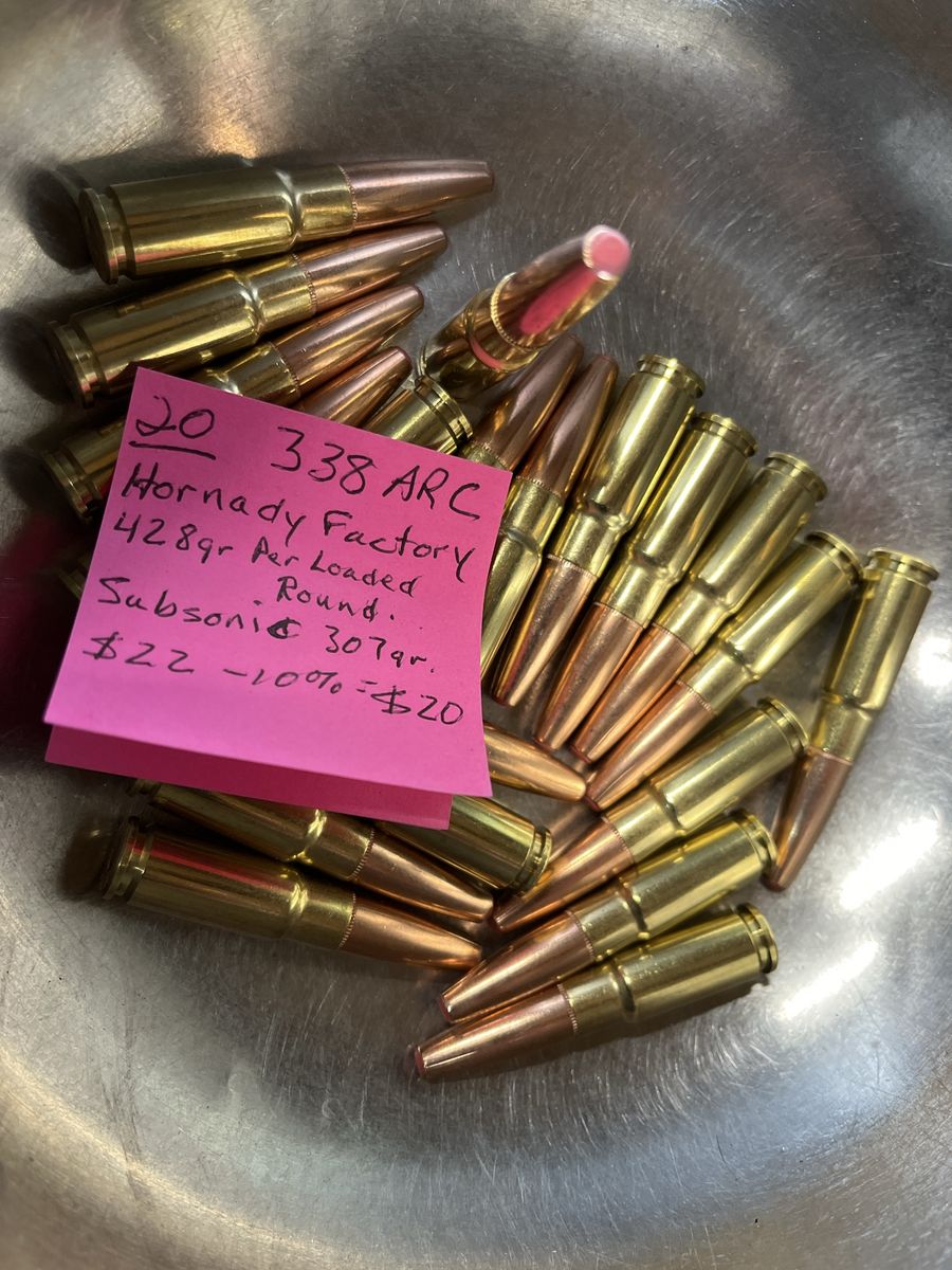 20 Hornady Factory 338 ARC Subsonic 307gr Rounds - 428gr Per Loaded Round.