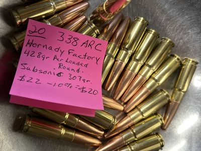 20 Hornady Factory 338 ARC Subsonic 307gr Rounds - 428gr Per Loaded Round.